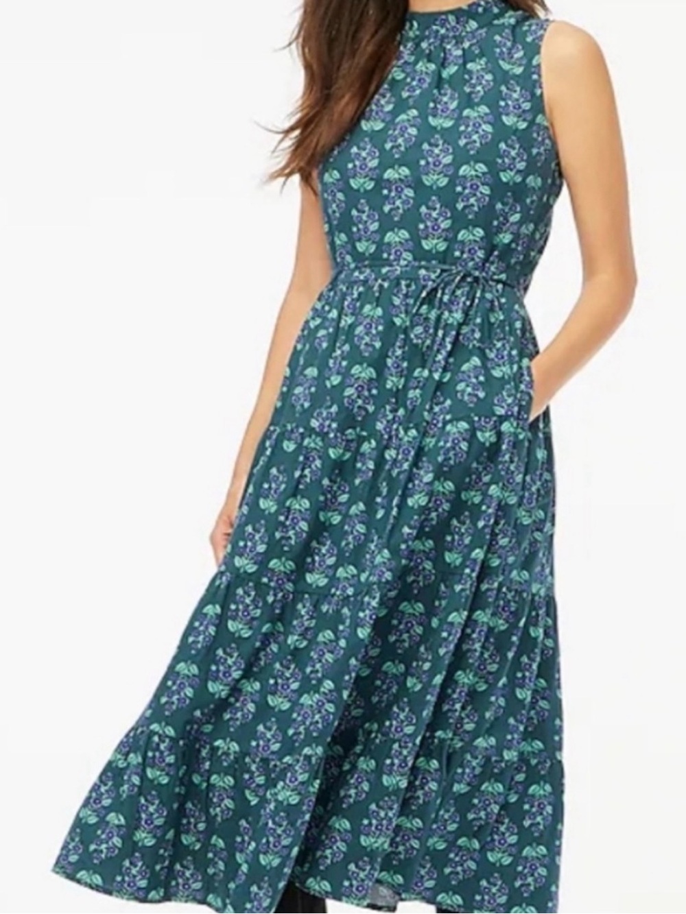J. Crew Sleeveless Floral Tie-Waist Midi Dress with Green and Purple Print